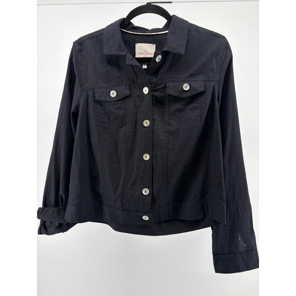 Casa Cabana Linen Blend Black, Long Sleeve, Mother of Pearl Buttons, Sz M S201
